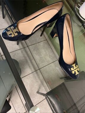 Tory Burch Navy Patent Block Heel with Gold Logo